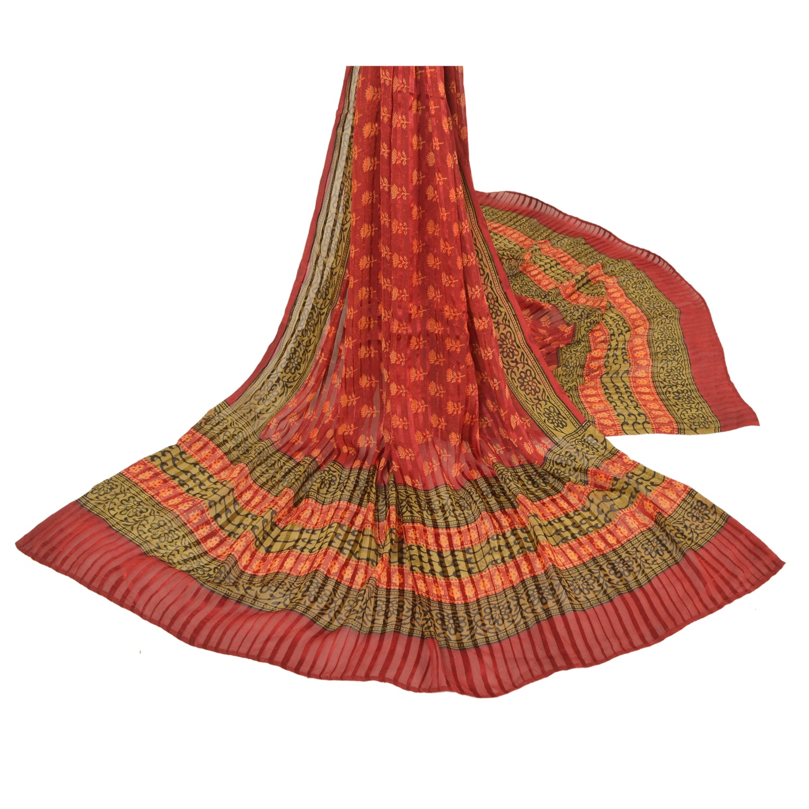 Sanskriti Vintage Dupatta Georgette Dark Red Hand Block Printed Long Stole Wrap Shawl Veil For Crafting, Upcycling, or Even Wearing