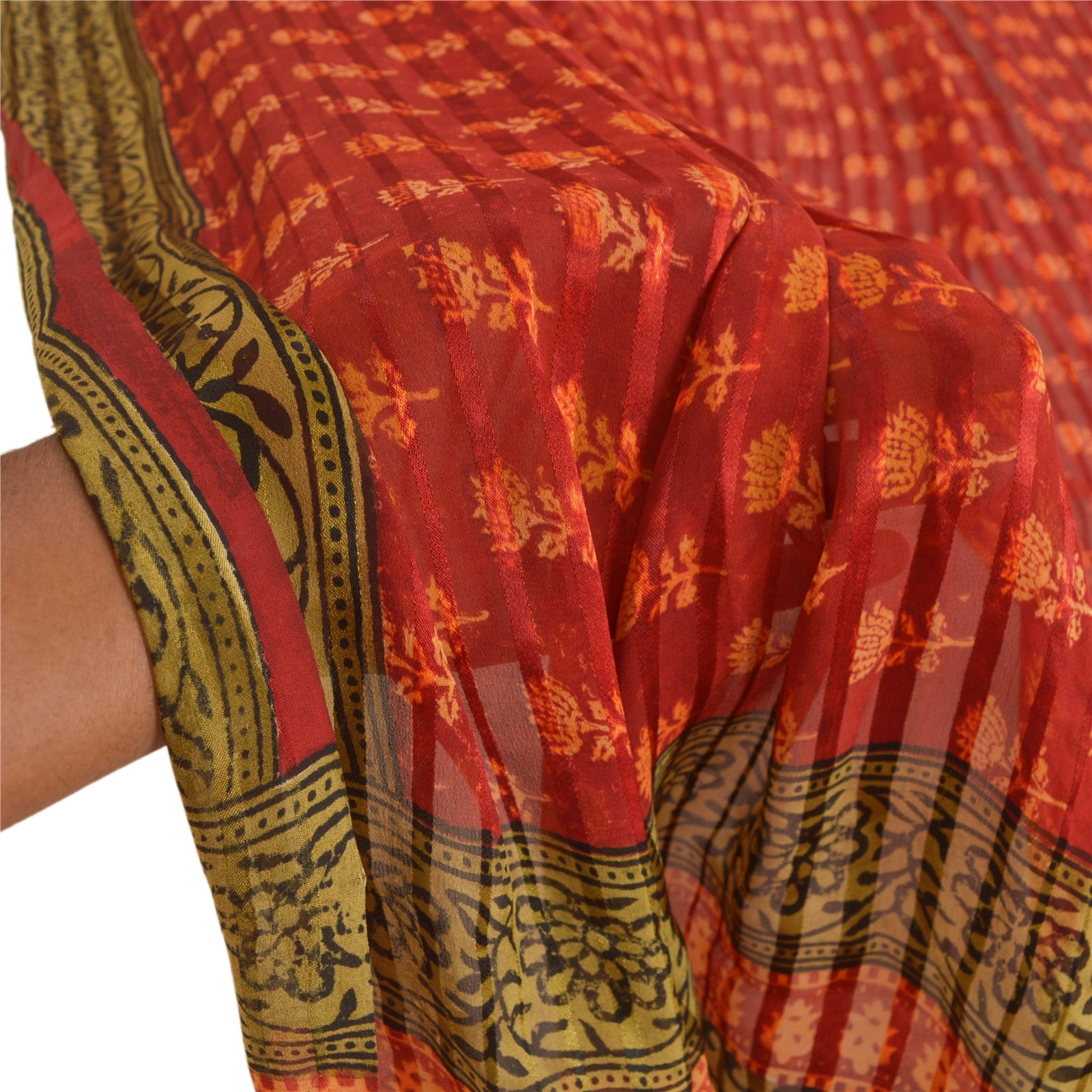 Sanskriti Vintage Dupatta Georgette Dark Red Hand Block Printed Long Stole Wrap Shawl Veil For Crafting, Upcycling, or Even Wearing