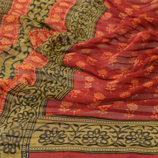 Sanskriti Vintage Dupatta Georgette Dark Red Hand Block Printed Long Stole Wrap Shawl Veil For Crafting, Upcycling, or Even Wearing