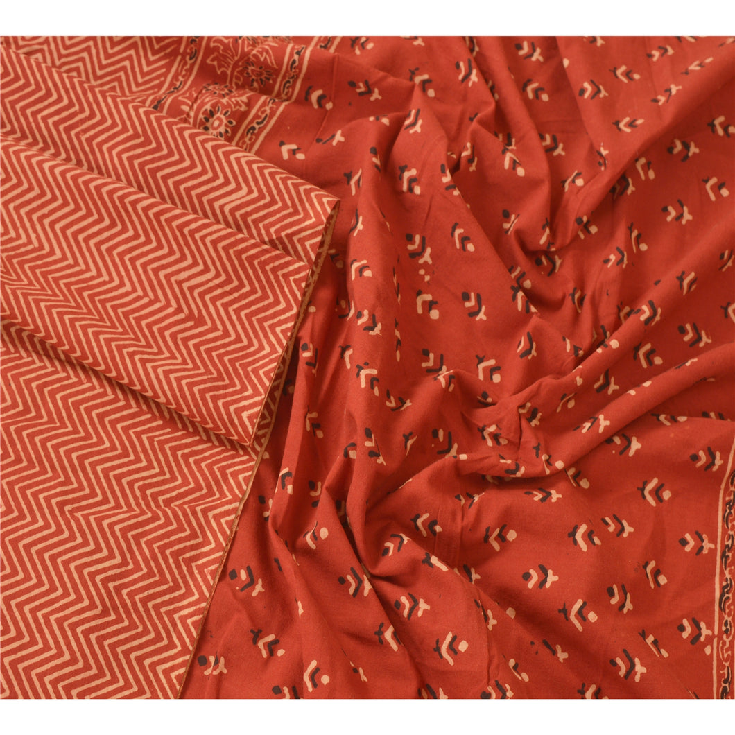 Sanskriti Vintage Dupatta Long Stole Pure Cotton Brick Red Block Printed Hijab