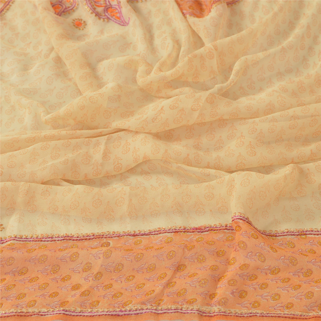 Sanskriti Vintage Dupatta Long Stole Georgette Cream Hand Embroidered Chikankari