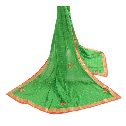 Sanskriti Vintage Dupatta Long Stole Art Silk Green Hand Beaded Woven Scarves