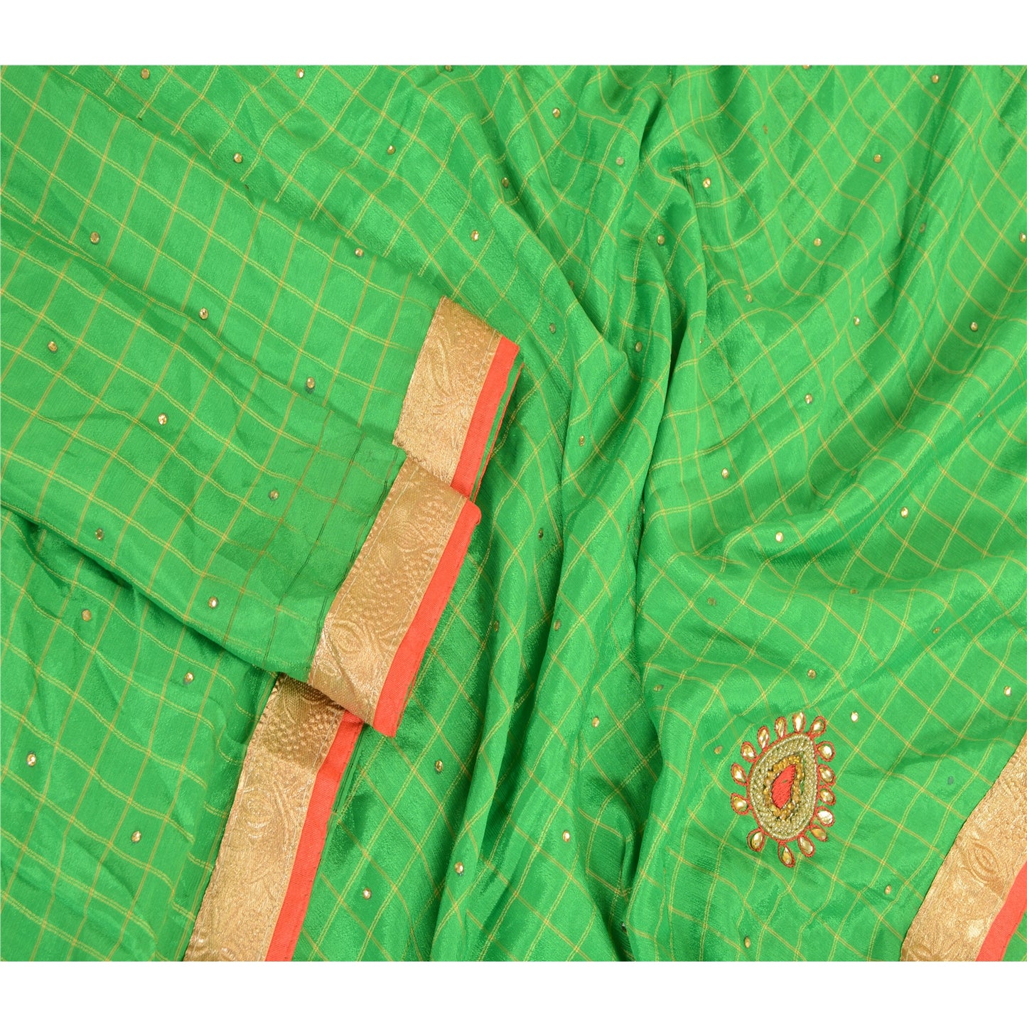 Sanskriti Vintage Dupatta Long Stole Art Silk Green Hand Beaded Woven Scarves