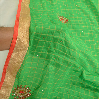 Sanskriti Vintage Dupatta Long Stole Art Silk Green Hand Beaded Woven Scarves