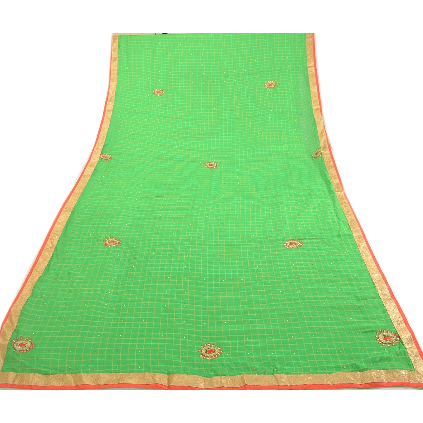 Sanskriti Vintage Dupatta Long Stole Art Silk Green Hand Beaded Woven Scarves