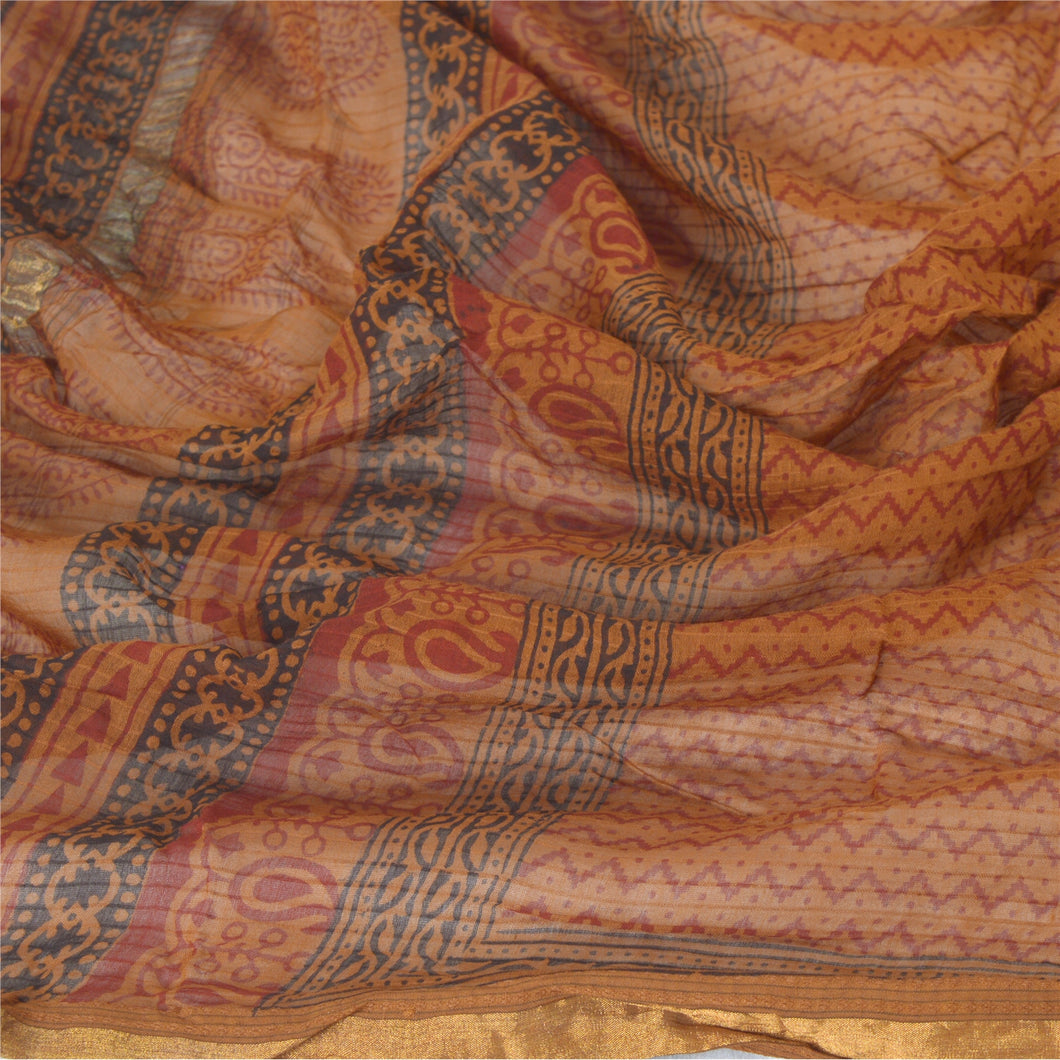 Sanskriti Vintage Dupatta Long Stole Pure Chanderi Silk Brown Block Printed