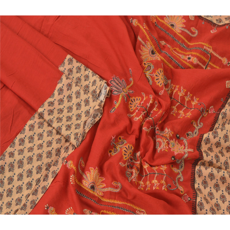 Sanskriti Vintage Dupatta Pure Cotton Red Long Stole Hijab Embroidered Thread Create-Dresses, Kaftans, Skirts, Tops, Projects, Home Decor