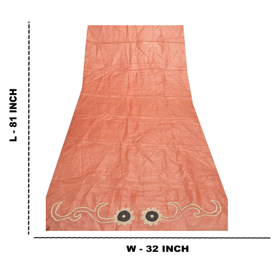 Sanskriti Vintage Dupatta Long Stole Pure Silk Dark Peach Scarves Embroidered