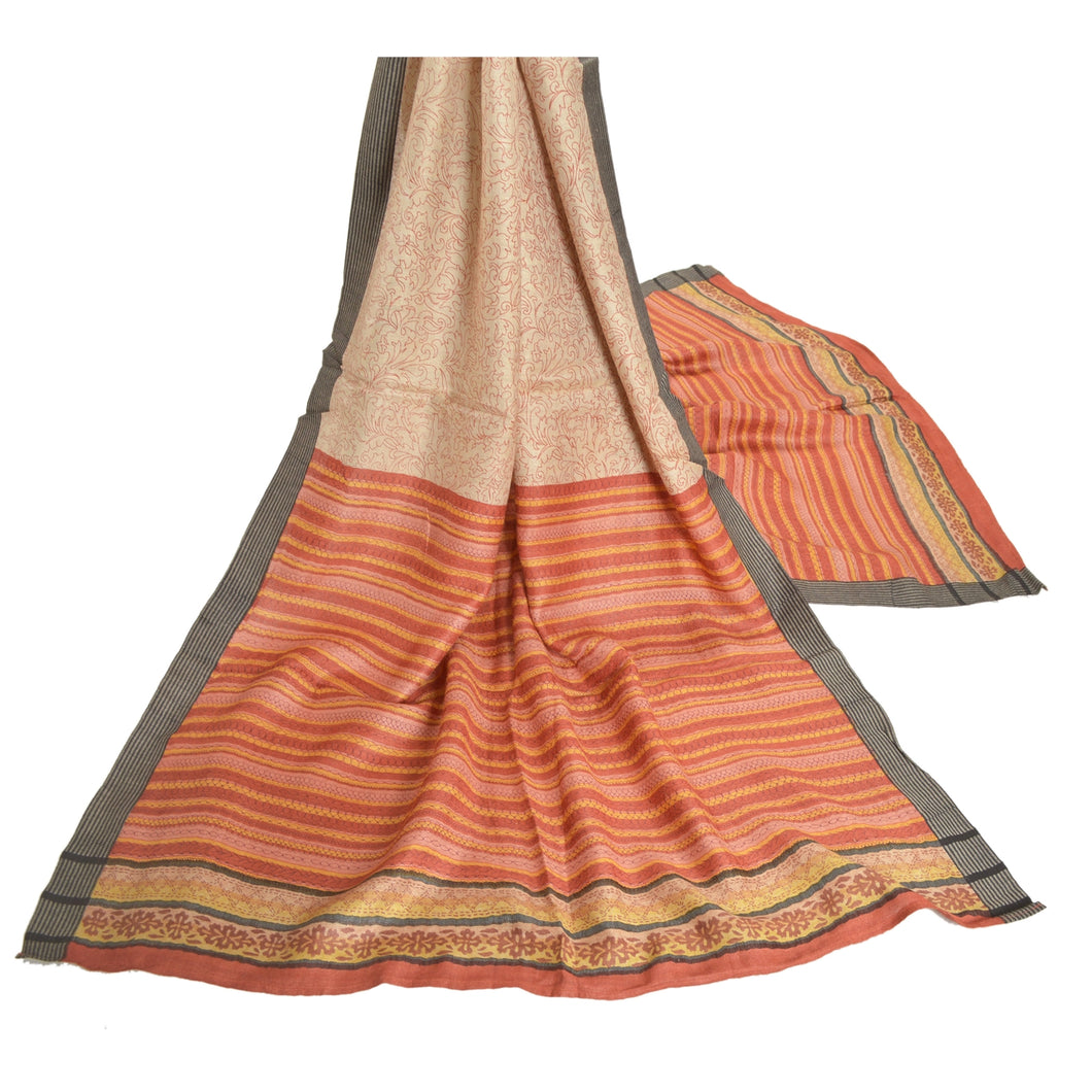 Sanskriti Vintage Dupatta Long Stole Pure Woolen Cream Printed Wrap Soft Shawl