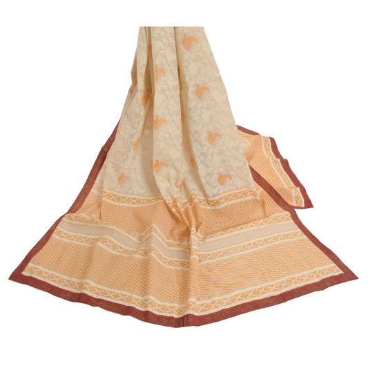 Sanskriti Vintage Dupatta Long Stole Cream Cotton Shawl Printed Work Scarves