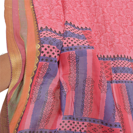 Sanskriti Vintage Dupatta Long Stole Cotton Pink Printed & Woven Work Wrap Shawl