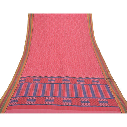 Sanskriti Vintage Dupatta Long Stole Cotton Pink Printed & Woven Work Wrap Shawl
