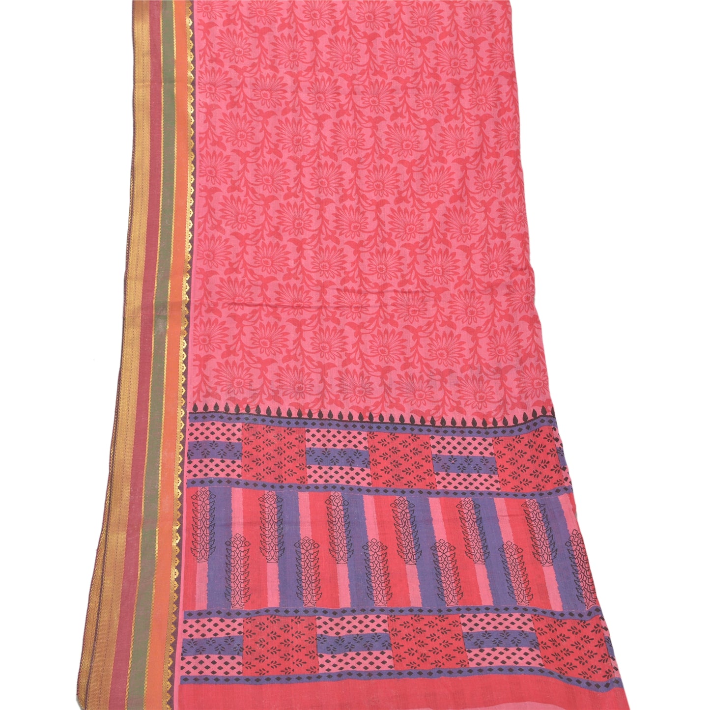 Sanskriti Vintage Dupatta Long Stole Cotton Pink Printed & Woven Work Wrap Shawl