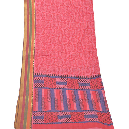 Sanskriti Vintage Dupatta Long Stole Cotton Pink Printed & Woven Work Wrap Shawl