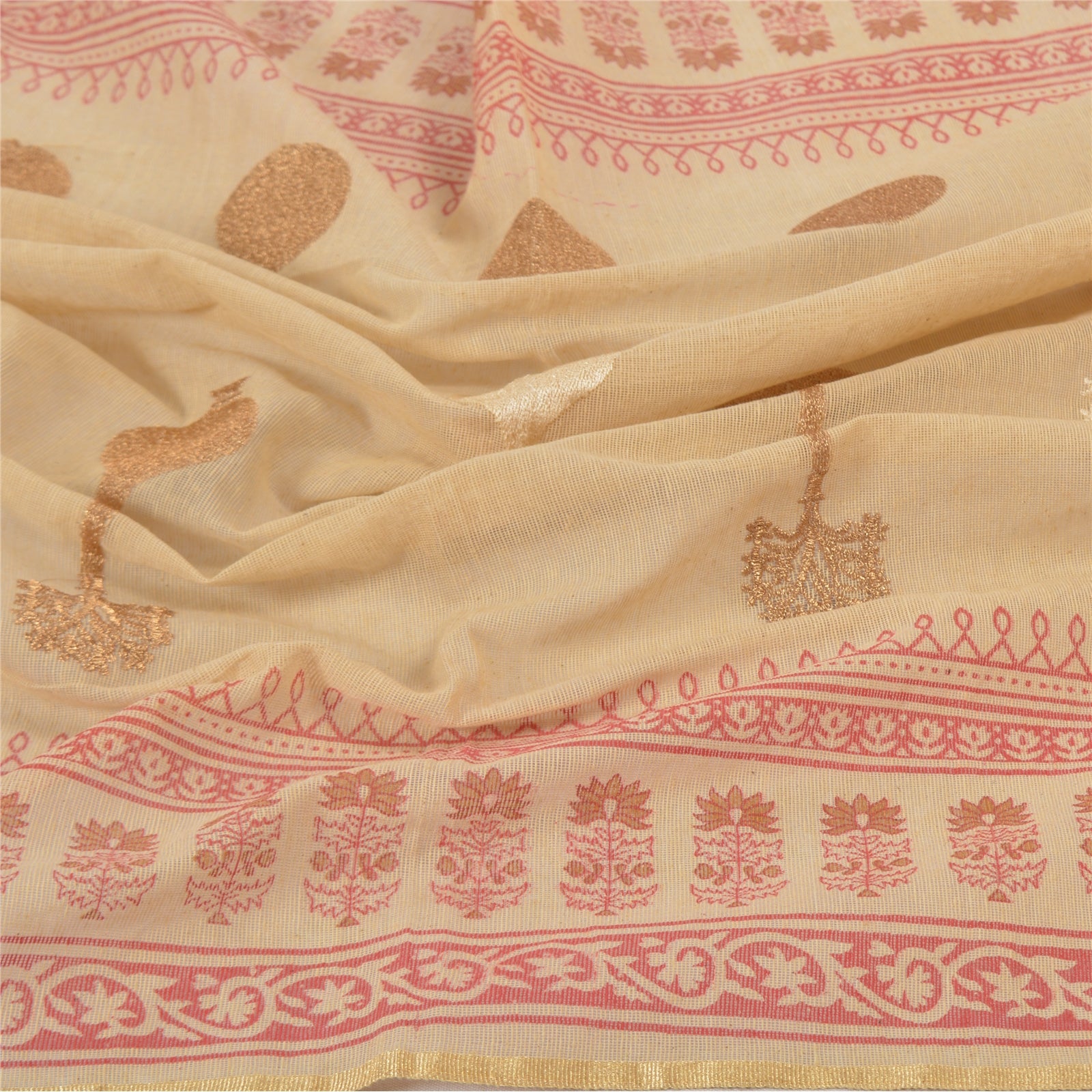 Sanskriti Vintage Dupatta Long Stole Cream Hand Block Printed Kota Woven Scarves