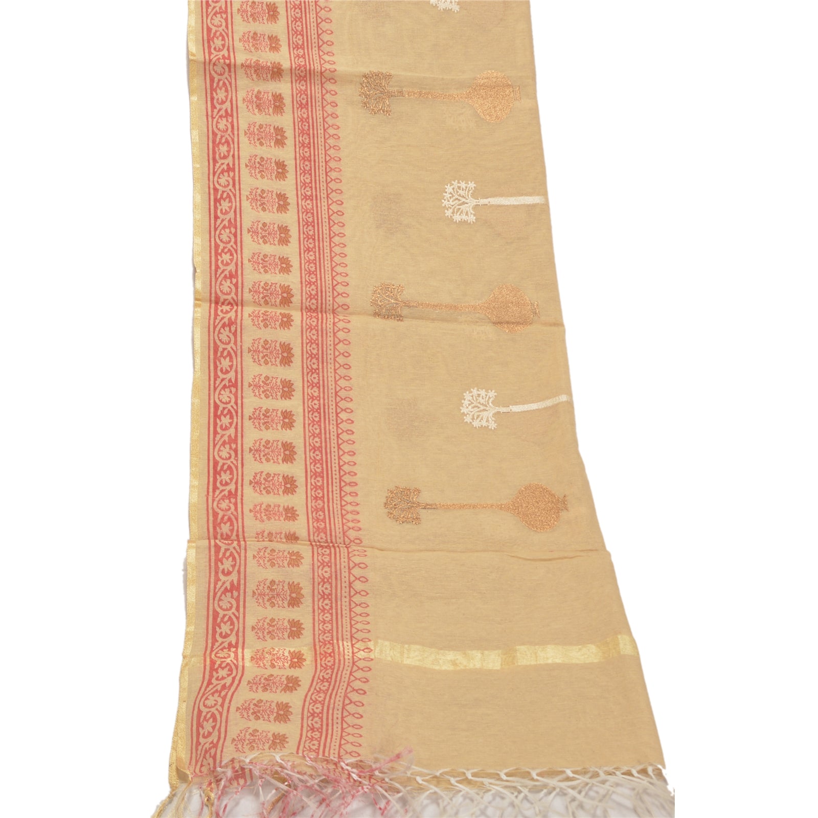 Sanskriti Vintage Dupatta Long Stole Cream Hand Block Printed Kota Woven Scarves