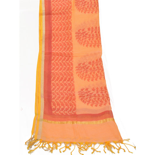 Sanskriti Vintage Dupatta Long Stole Pure Cotton Yellow Woven Kota Print Veil