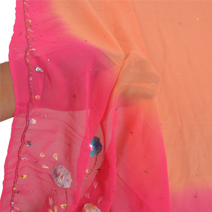 Sanskriti Vintage Dupatta Long Stole Georgette Pink Veil Hand Beaded Scarves