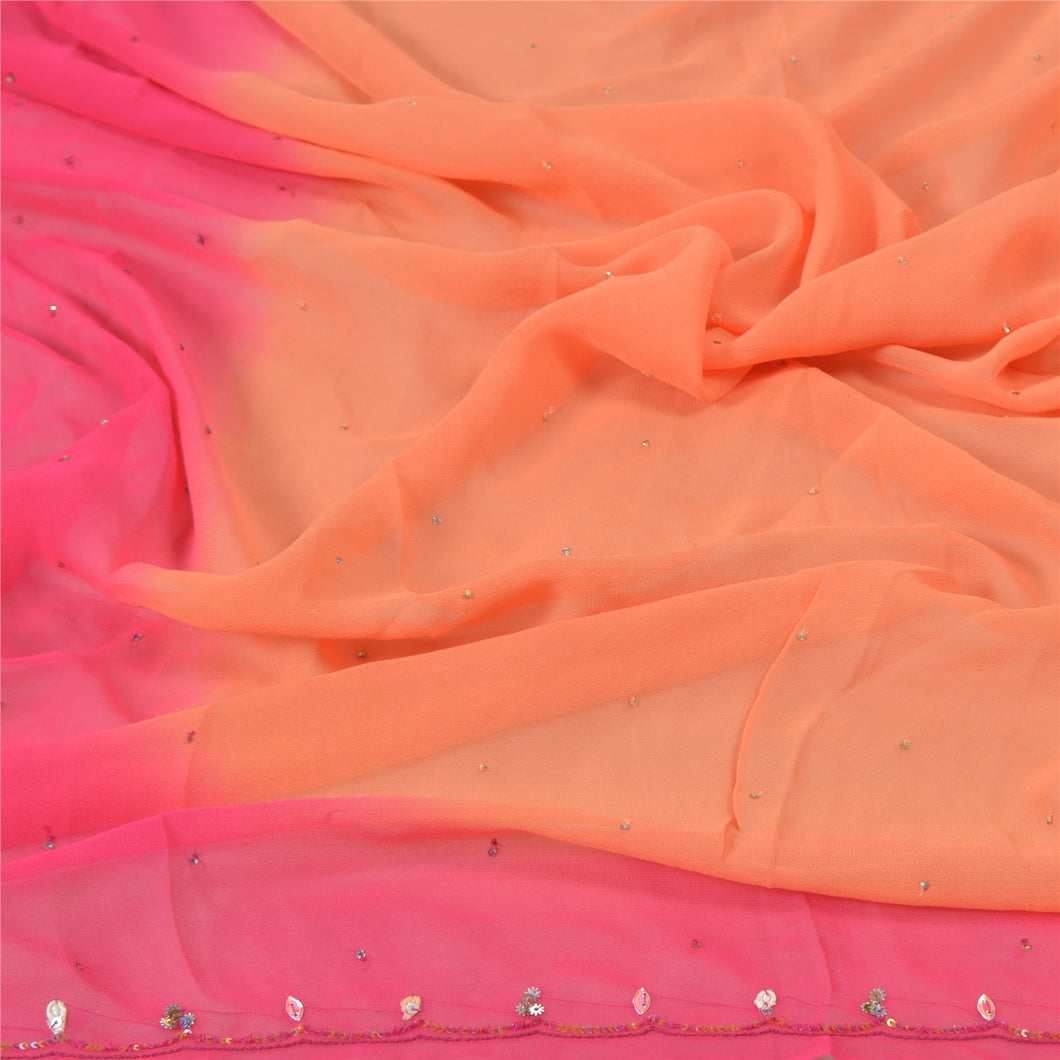 Sanskriti Vintage Dupatta Long Stole Georgette Pink Veil Hand Beaded Scarves