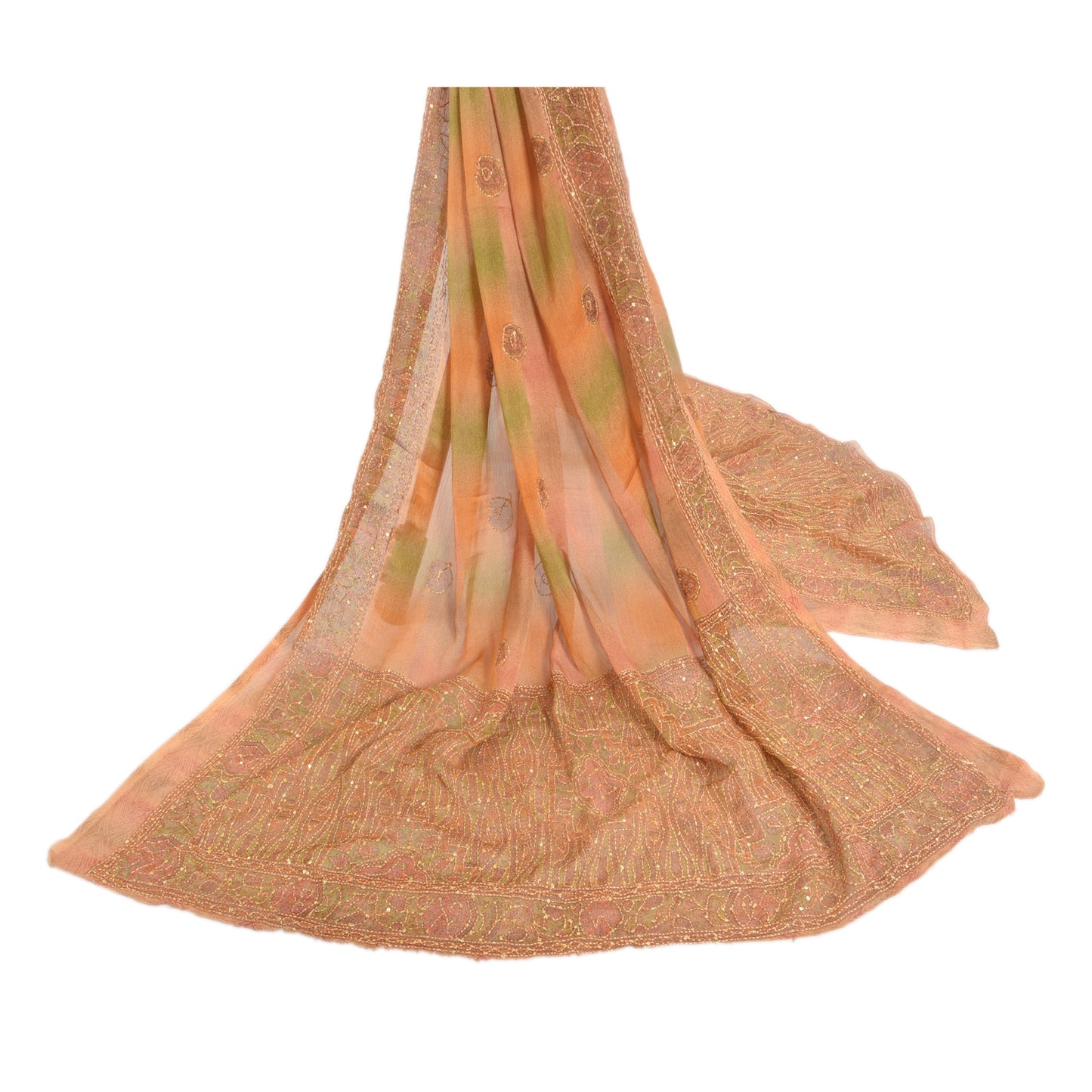 Sanskriti Vintage Dupatta Long Stole Georgette Peach Hand Beaded Kantha Hijab