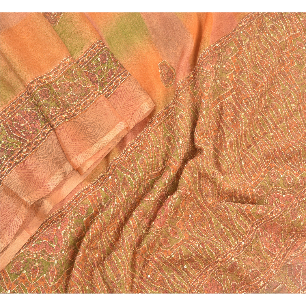 Sanskriti Vintage Dupatta Long Stole Georgette Peach Hand Beaded Kantha Hijab