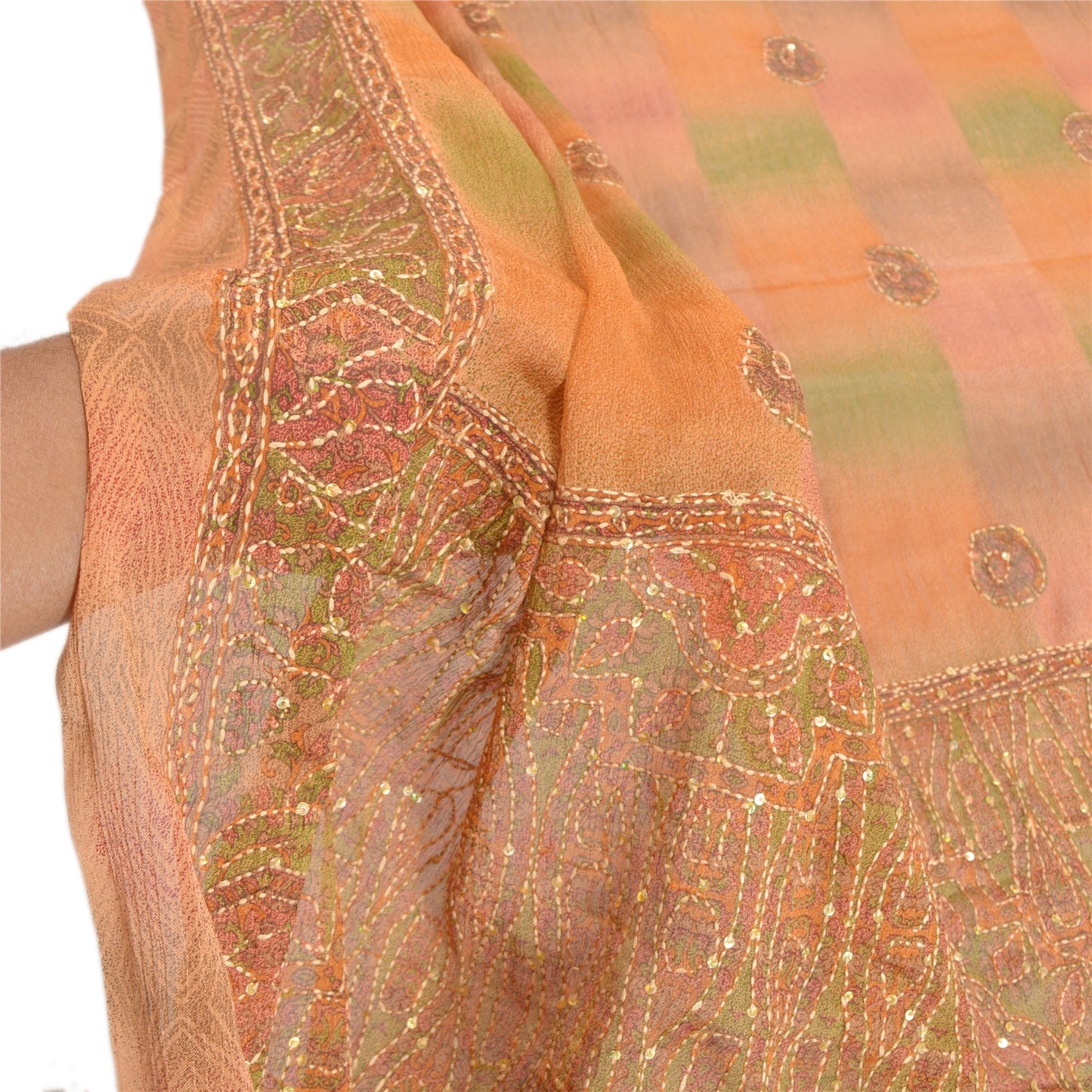 Sanskriti Vintage Dupatta Long Stole Georgette Peach Hand Beaded Kantha Hijab