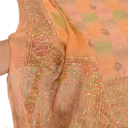 Sanskriti Vintage Dupatta Long Stole Georgette Peach Hand Beaded Kantha Hijab