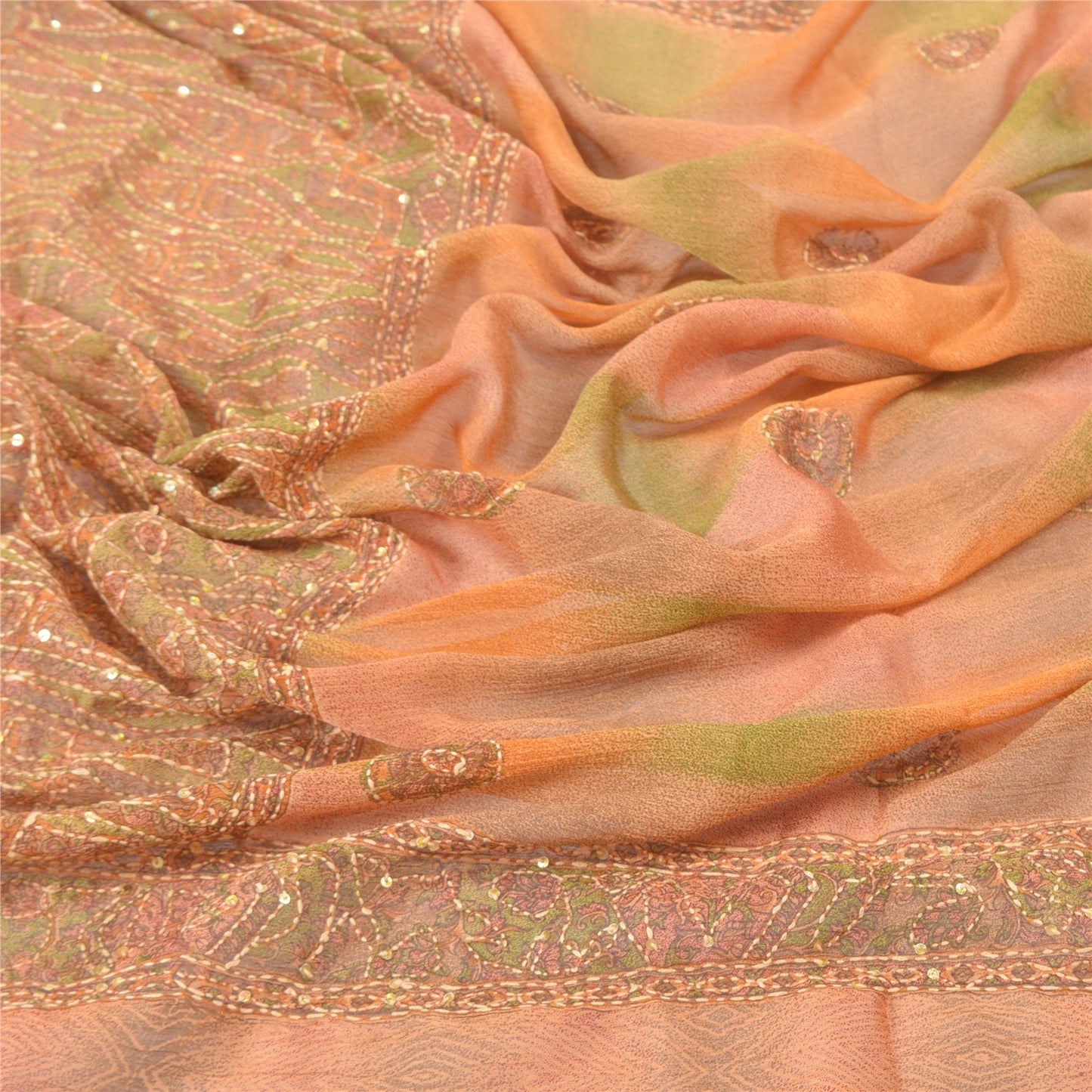 Sanskriti Vintage Dupatta Long Stole Georgette Peach Hand Beaded Kantha Hijab