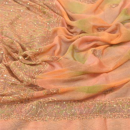 Sanskriti Vintage Dupatta Long Stole Georgette Peach Hand Beaded Kantha Hijab