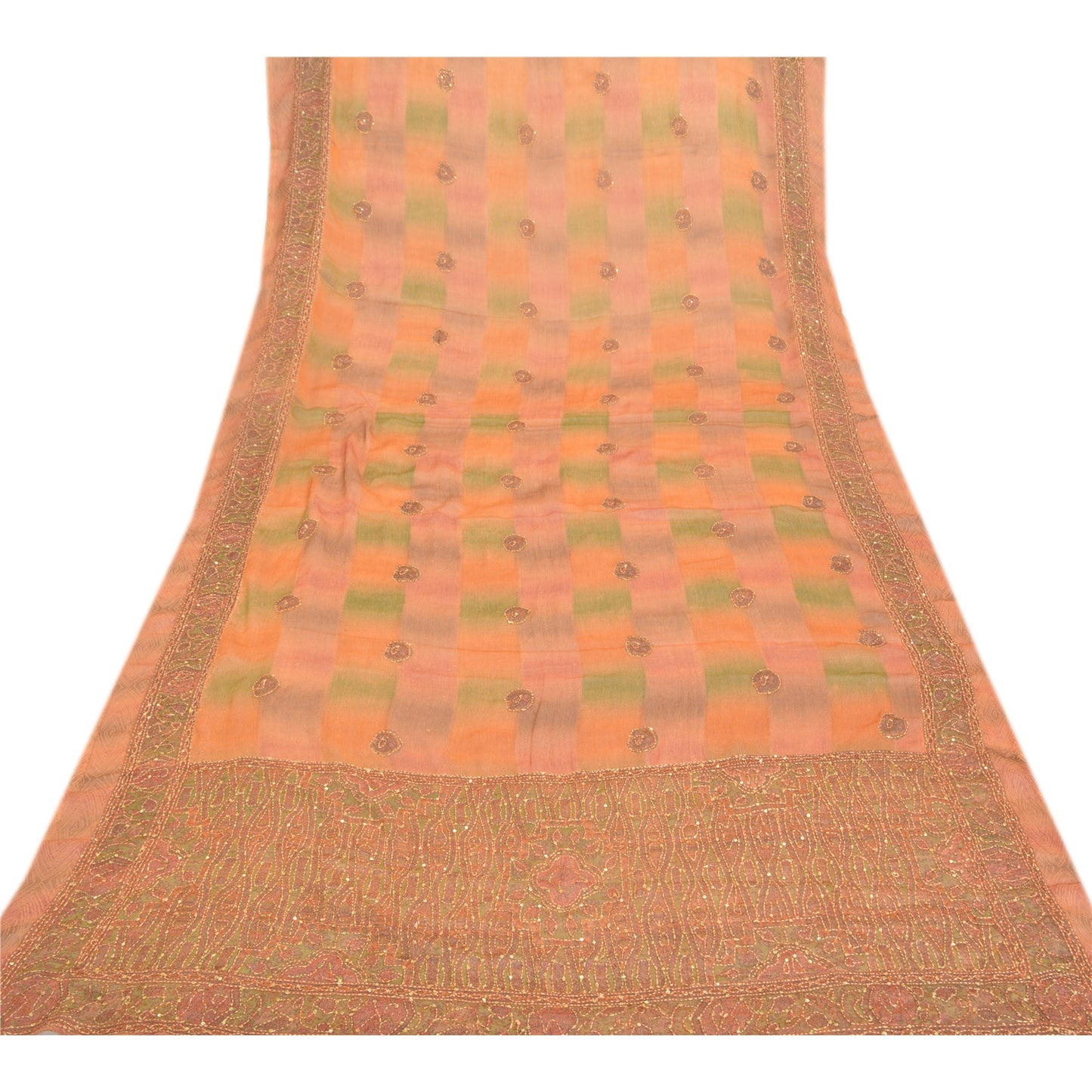 Sanskriti Vintage Dupatta Long Stole Georgette Peach Hand Beaded Kantha Hijab