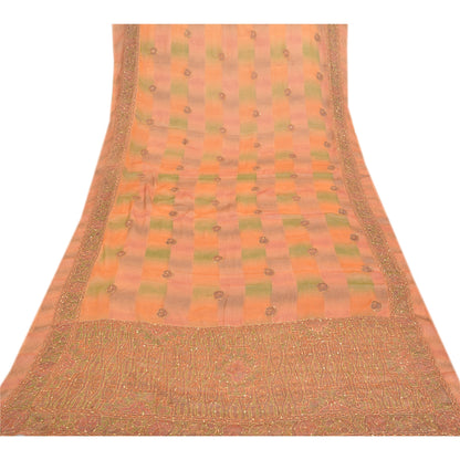 Sanskriti Vintage Dupatta Long Stole Georgette Peach Hand Beaded Kantha Hijab