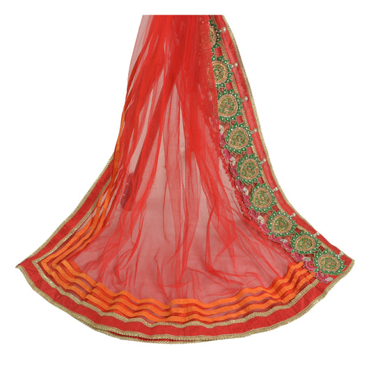 Sanskriti Vintage Dupatta Long Stole Net Mesh Red Hand Beaded Rhinestone Scarves