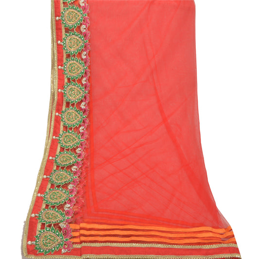 Sanskriti Vintage Dupatta Long Stole Net Mesh Red Hand Beaded Rhinestone Scarves