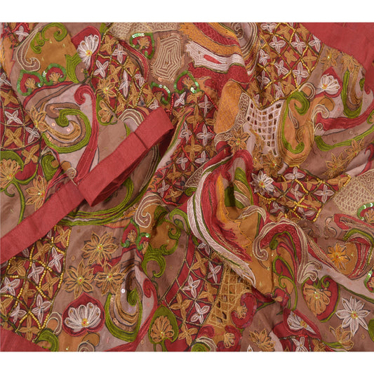 Sanskriti Vintage Dupatta Long Stole Crepe Silk Veil Hand Beaded Printed Shawl