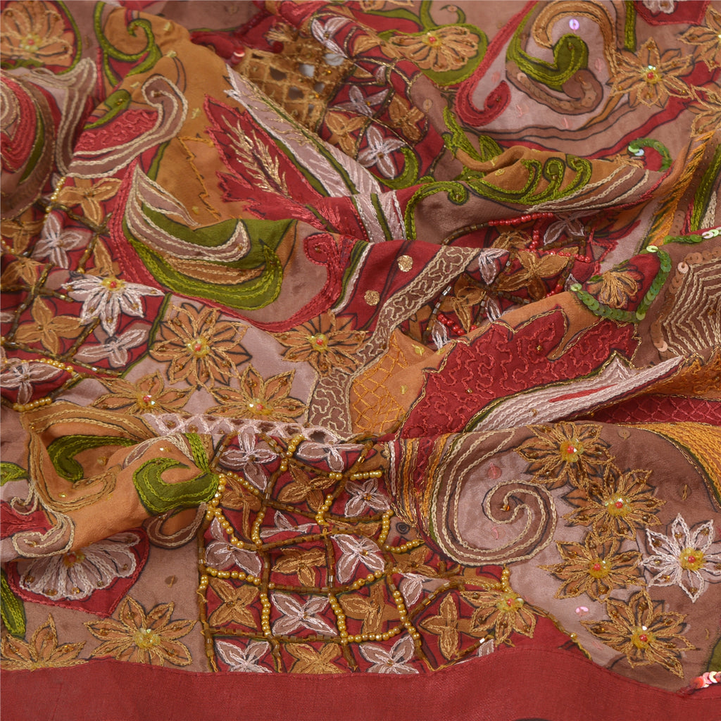 Sanskriti Vintage Dupatta Long Stole Crepe Silk Veil Hand Beaded Printed Shawl