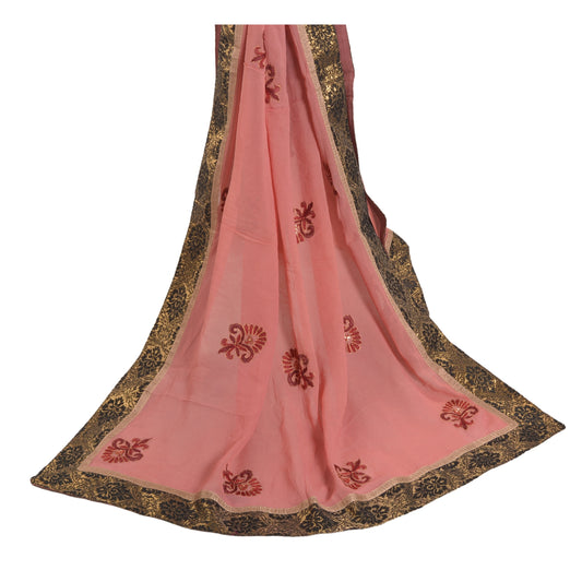 Sanskriti Vintage Dupatta Long Stole Georgette Peach Hand Beaded Wrap Scarves