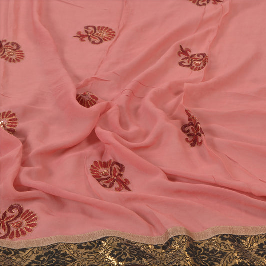 Sanskriti Vintage Dupatta Long Stole Georgette Peach Hand Beaded Wrap Scarves