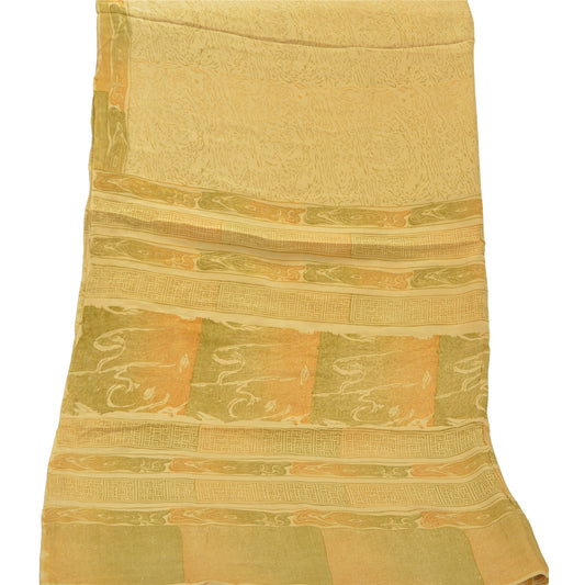 Sanskriti Vintage Dupatta Long Stole Crepe Silk Shawl Cream Printed Scarves