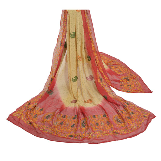 Sanskriti Vintage Dupatta Long Stole Georgette Cream Hijab Hand Beaded Veil