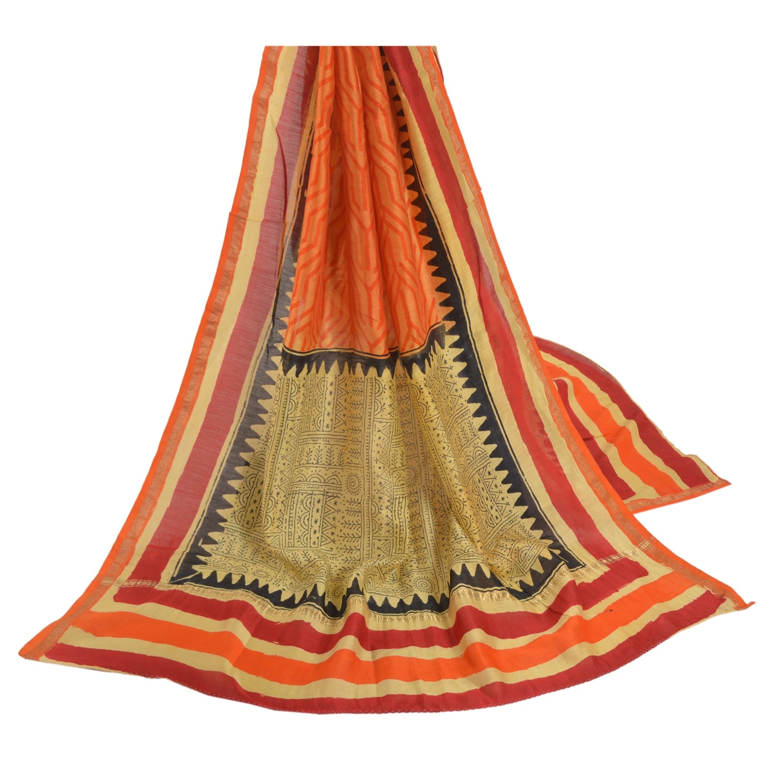 Sanskriti Vintage Dupatta Long Stole Chanderi Orange Hand Block Printed Scarves