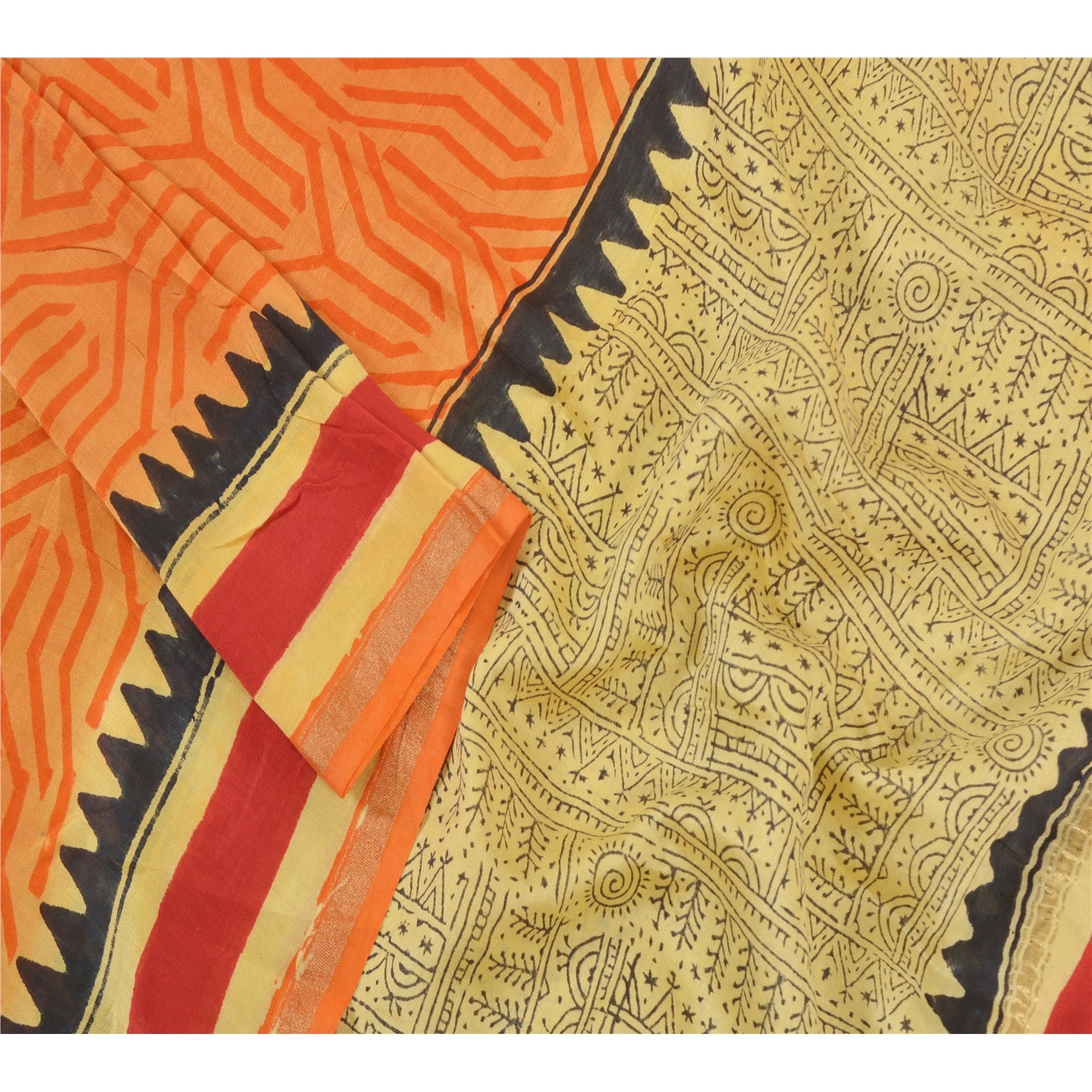 Sanskriti Vintage Dupatta Long Stole Chanderi Orange Hand Block Printed Scarves