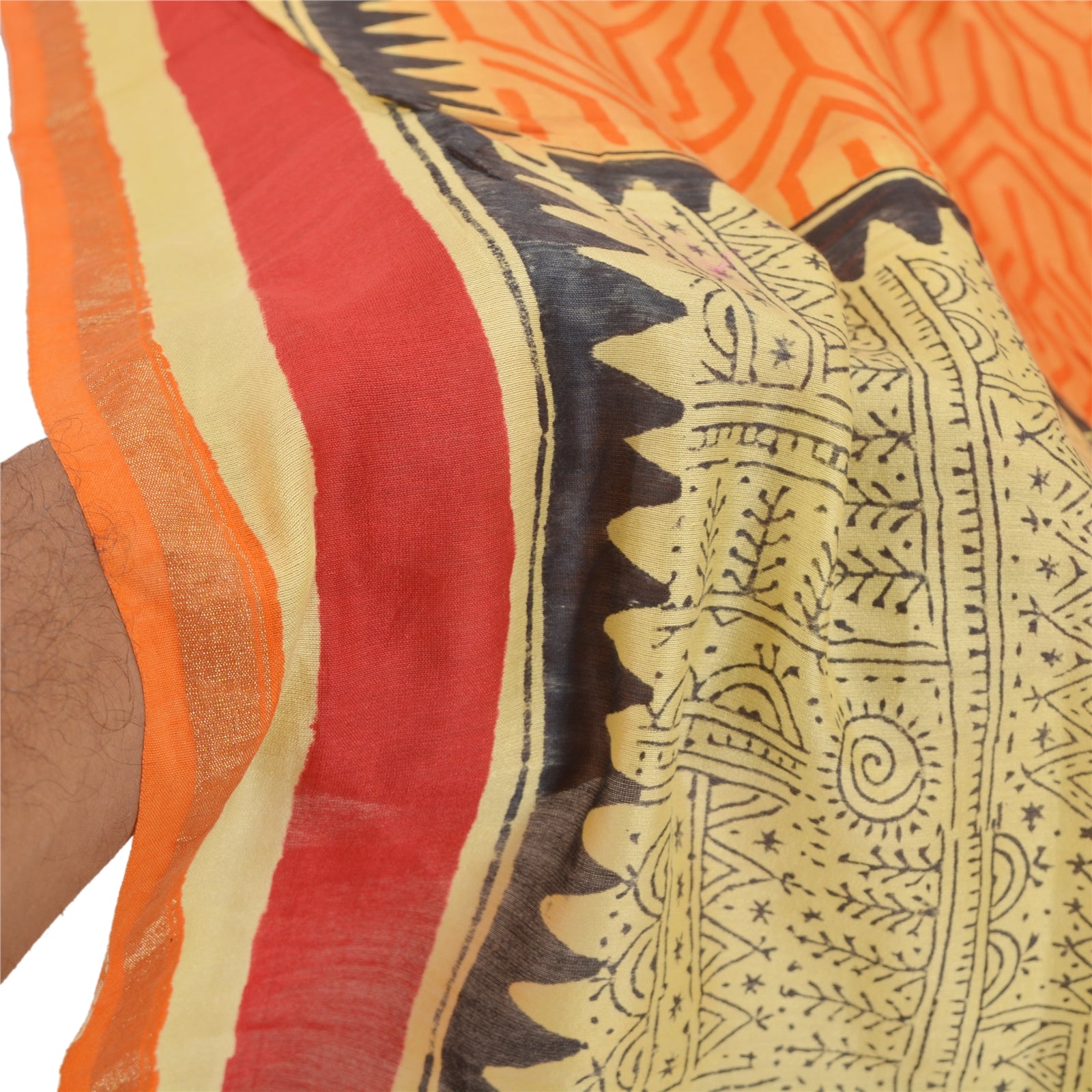Sanskriti Vintage Dupatta Long Stole Chanderi Orange Hand Block Printed Scarves