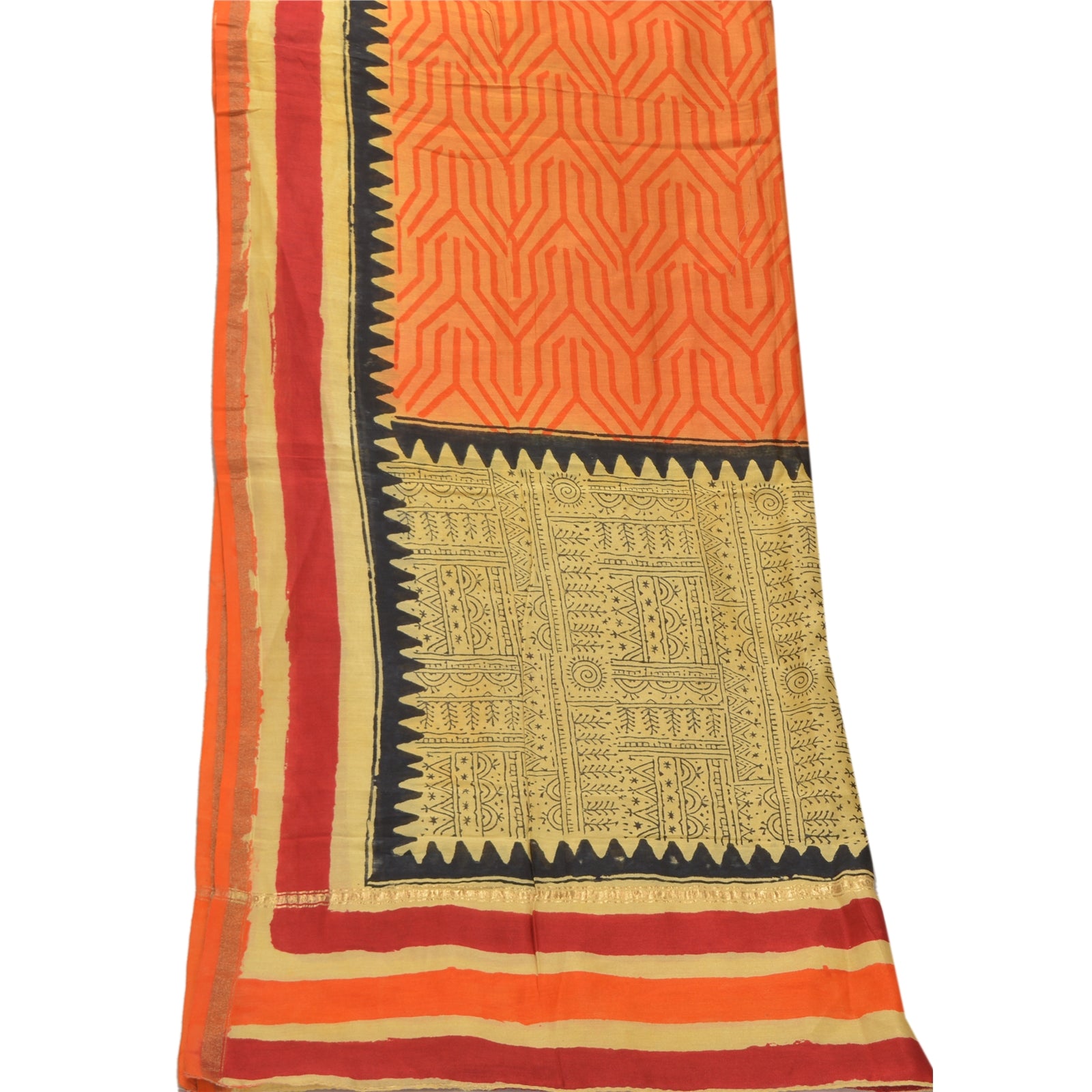 Sanskriti Vintage Dupatta Long Stole Chanderi Orange Hand Block Printed Scarves