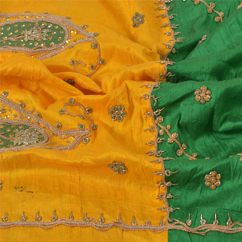 Sanskriti Vintage Dupatta Art Silk Green & Yellow Long Stole Hand Embroidered Zardozi Dabka Uses-Table linen, Cushions, Curtains, Dressing