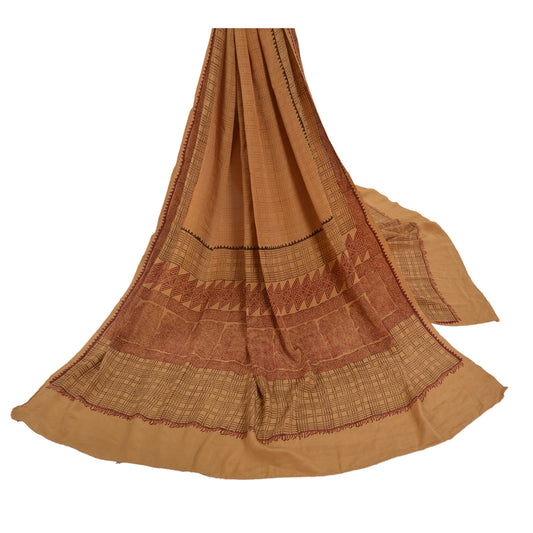 Sanskriti Vintage Dupatta Long Stole Pure Crepe Silk Brown Scarves Printed Veil