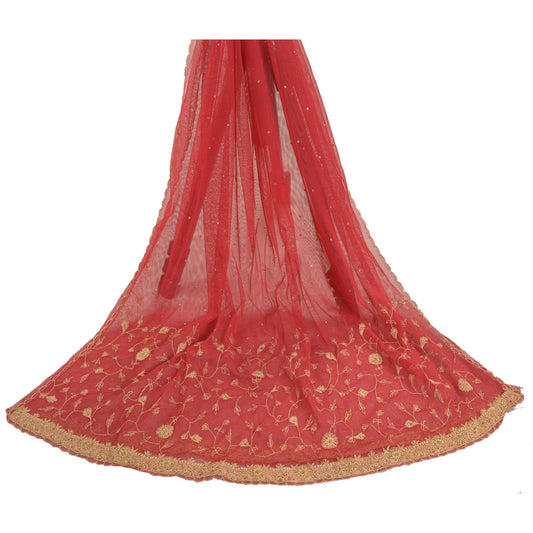 Sanskriti Vintage Dupatta Long Stole Net Mesh Red Hand Beaded Wrap Scarves