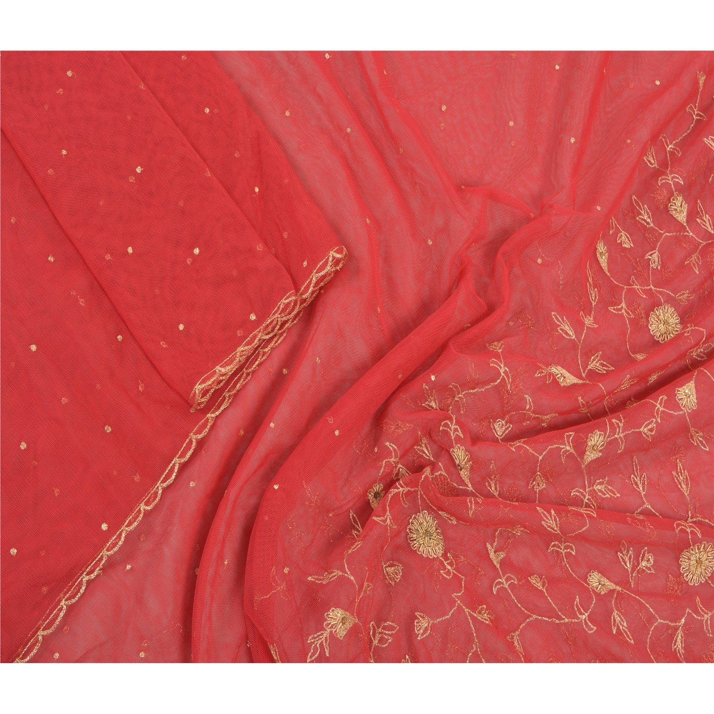 Sanskriti Vintage Dupatta Long Stole Net Mesh Red Hand Beaded Wrap Scarves