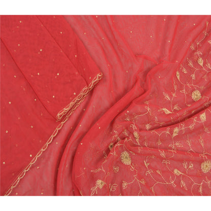 Sanskriti Vintage Dupatta Long Stole Net Mesh Red Hand Beaded Wrap Scarves