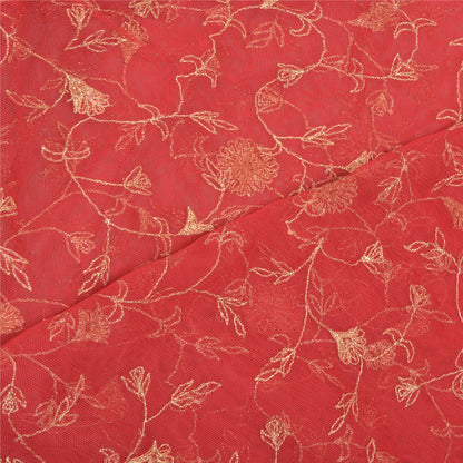 Sanskriti Vintage Dupatta Long Stole Net Mesh Red Hand Beaded Wrap Scarves