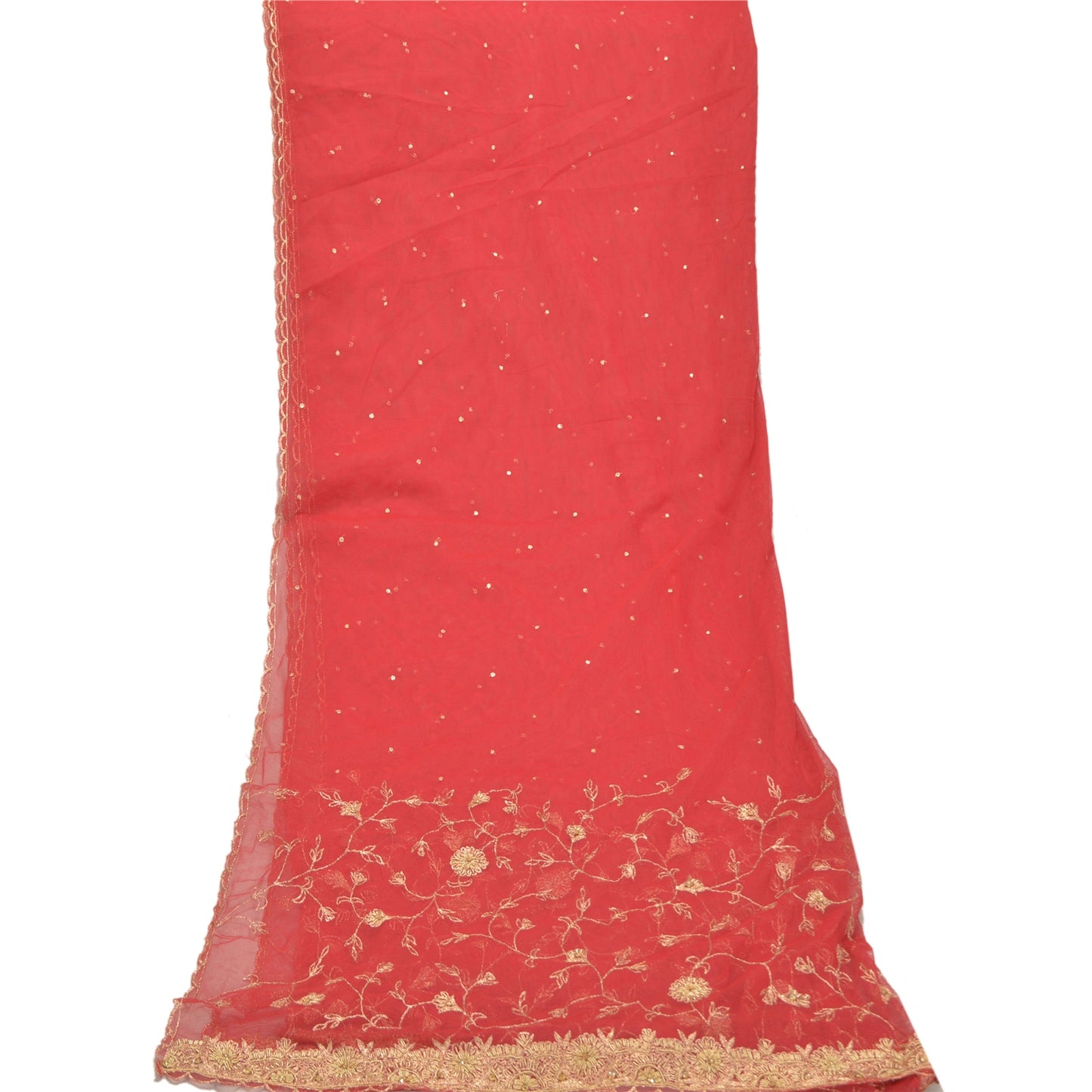Sanskriti Vintage Dupatta Long Stole Net Mesh Red Hand Beaded Wrap Scarves